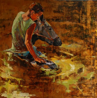 Pittura intitolato ""Boy bathing a hors…" da Marcin Mikołajczak, Opera d'arte originale, Olio