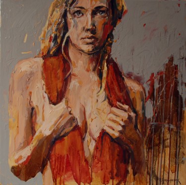 Painting titled "Girl in a red shawl" by Marcin Mikołajczak, Original Artwork, Other