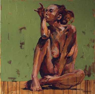 Painting titled "Nude-green" by Marcin Mikołajczak, Original Artwork, Oil