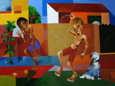 Painting titled "JOGANDO PIÃO" by Marcio Bracali, Original Artwork, Acrylic