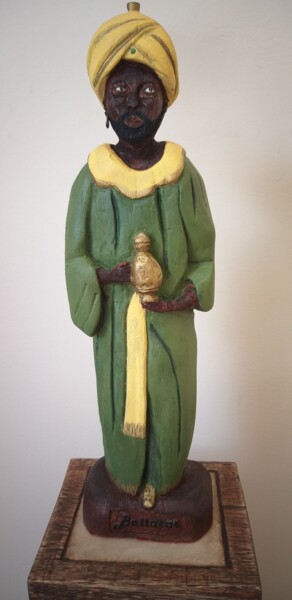 Sculptuur getiteld "Mago Rei Baltazar" door Márcio França, Origineel Kunstwerk, Hout