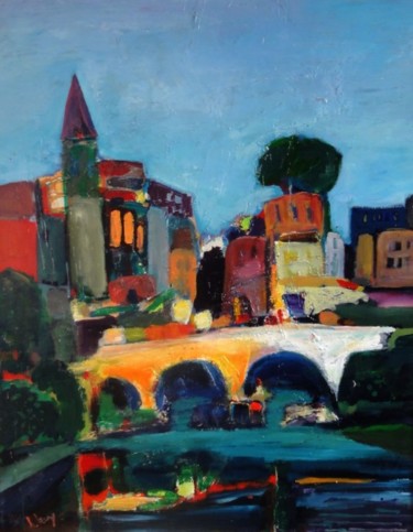 Peinture intitulée "paysage au pont jau…" par Marc Levy, Œuvre d'art originale