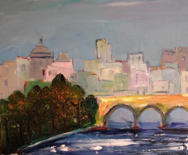 Peinture intitulée "paysage au pont" par Marc Levy, Œuvre d'art originale