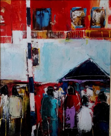 Painting titled "marché aux puces" by Marc Levy, Original Artwork, Oil