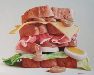 Painting titled "Sandwich I" by Marco Amore, Original Artwork, Oil Mounted on Wood Stretcher frame