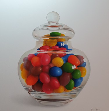 Painting titled "m&m's" by Marco Amore, Original Artwork, Oil Mounted on Wood Stretcher frame