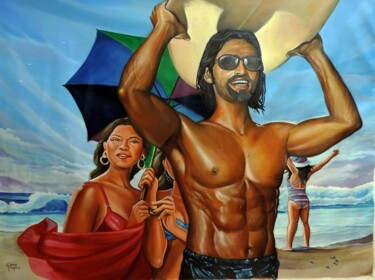 Painting titled "PLAYA Y SURF" by Marco Antonio Zeledón Truque, Original Artwork, Oil
