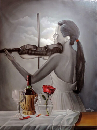Картина под названием "LA VIOLINISTA" - Marco Antonio Zeledón Truque, Подлинное произведение искусства, Масло