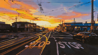 Painting titled "San Francisco Sunse…" by Marco Barberio, Original Artwork, Acrylic Mounted on Wood Stretcher frame