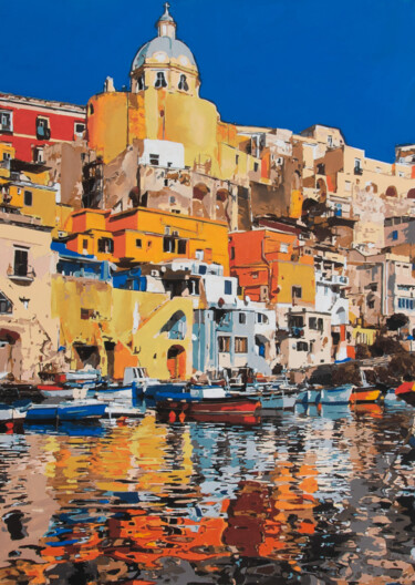 Schilderij getiteld "Procida Blu" door Marco Barberio, Origineel Kunstwerk, Acryl Gemonteerd op Frame voor houten brancard