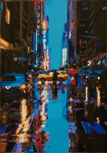 Peinture intitulée "New York City Rain…" par Marco Barberio, Œuvre d'art originale, Bombe aérosol Monté sur Châssis en bois