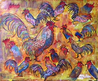 Painting titled "O Galo de Pedro" by Marco Bulhões, Original Artwork, Acrylic Mounted on Other rigid panel