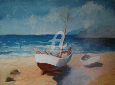 Pittura intitolato "Barche sulla spiagg…" da Marco Cattaneo, Opera d'arte originale, Olio