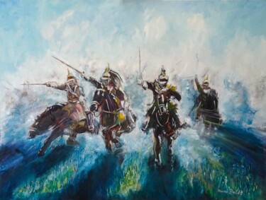 Painting titled "La charge des Cuira…" by Marco Dalès, Original Artwork, Oil Mounted on Wood Stretcher frame