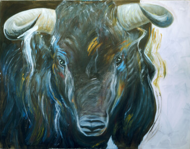 Painting titled "Bull" by Marco Perini, Original Artwork, Oil Mounted on Wood Stretcher frame