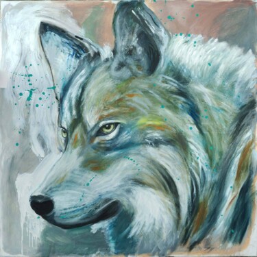 Painting titled "Wolf" by Marco Perini, Original Artwork, Oil Mounted on Wood Stretcher frame