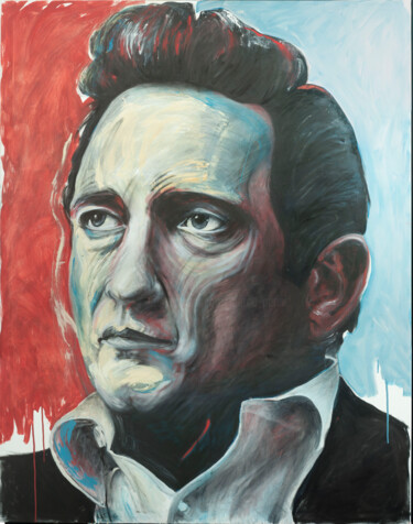 Painting titled "Johnny Cash" by Marco Perini, Original Artwork, Oil Mounted on Wood Stretcher frame