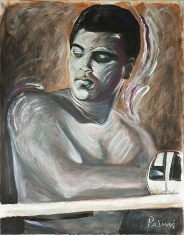 Schilderij getiteld "Cassius Clay" door Marco Perini, Origineel Kunstwerk, Olie Gemonteerd op Frame voor houten brancard