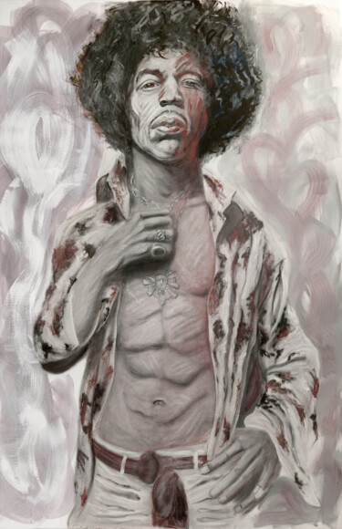 Painting titled "Jimi Hendrix" by Marco Perini, Original Artwork, Oil Mounted on Wood Stretcher frame