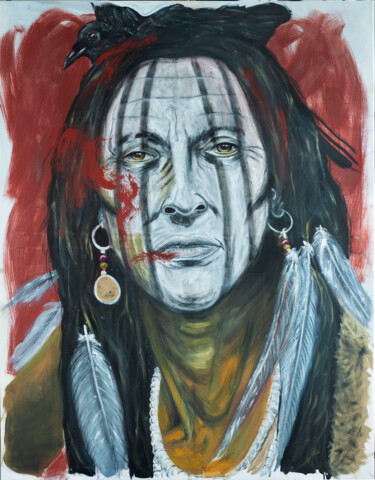 Painting titled "Indianer" by Marco Perini, Original Artwork, Oil Mounted on Wood Stretcher frame