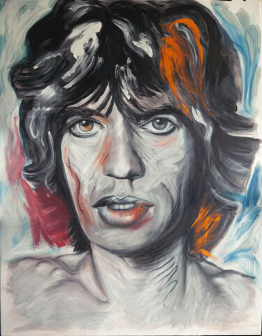 Painting titled "Mick Jagger" by Marco Perini, Original Artwork, Oil Mounted on Wood Stretcher frame