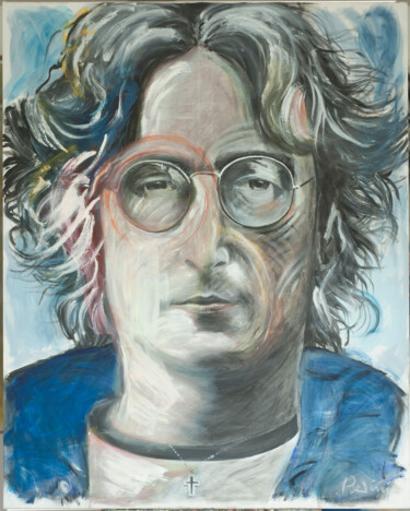 Painting titled "John Lennon" by Marco Perini, Original Artwork, Oil Mounted on Wood Stretcher frame