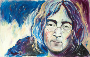 Painting titled "John Lennon_2" by Marco Perini, Original Artwork, Oil Mounted on Wood Stretcher frame