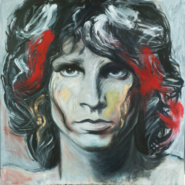 Schilderij getiteld "Jim Morrison" door Marco Perini, Origineel Kunstwerk, Olie Gemonteerd op Frame voor houten brancard