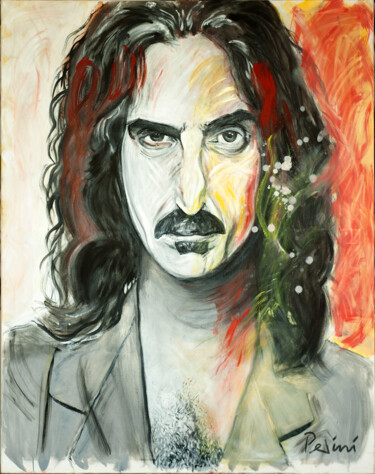 Painting titled "Frank Zappa" by Marco Perini, Original Artwork, Oil Mounted on Wood Stretcher frame