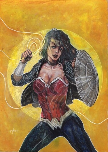 Painting titled "Wonder Woman" by Marco Russo, Original Artwork, Acrylic Mounted on Cardboard