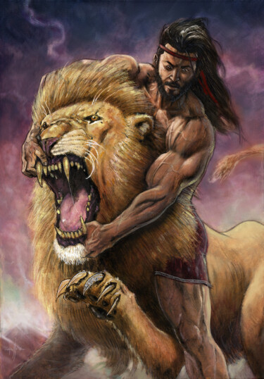 Peinture intitulée "Samson and the lion" par Marco Russo, Œuvre d'art originale, Acrylique