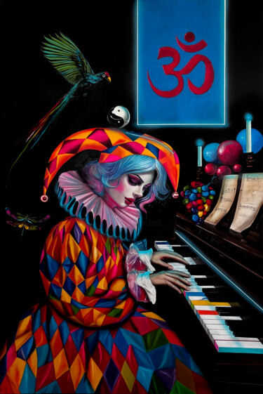 Painting titled "La pianista" by Marco Zamudio, Original Artwork, Oil Mounted on Wood Stretcher frame