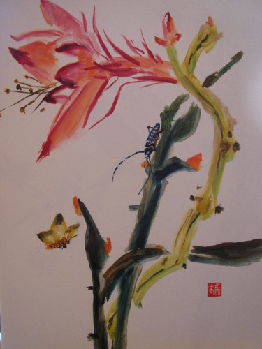Peinture intitulée "Fleur  papillon et…" par Marcoh, Œuvre d'art originale