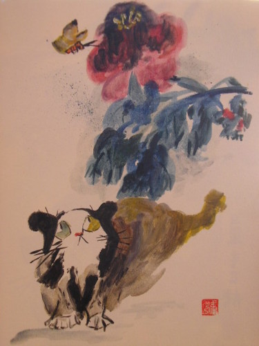 Peinture intitulée "chat et papillon" par Marcoh, Œuvre d'art originale