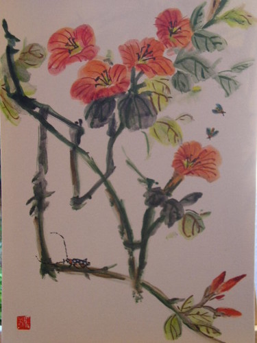 Peinture intitulée "Fleurs rouge de Chi…" par Marcoh, Œuvre d'art originale