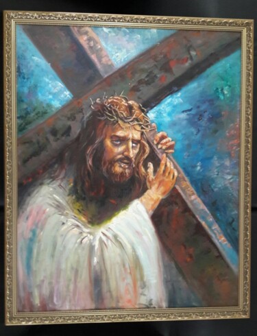Painting titled "Crucificação" by Marconi Guimarães Rosa, Original Artwork, Oil Mounted on Wood Stretcher frame