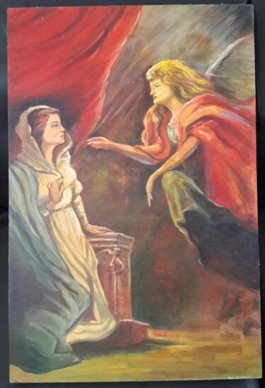 Schilderij getiteld "Anunciação de Maria" door Marconi Guimarães Rosa, Origineel Kunstwerk, Olie Gemonteerd op Frame voor ho…