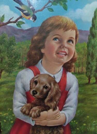 Schilderij getiteld "A menina e o seu cão" door Marcos Bastos, Origineel Kunstwerk, Olie