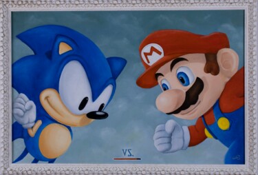 Painting titled "Sonic vs Mario" by Marco Santos, Original Artwork, Oil Mounted on Wood Stretcher frame