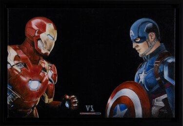 Painting titled "Iron Man vs Captain…" by Marco Santos, Original Artwork, Oil Mounted on Wood Stretcher frame