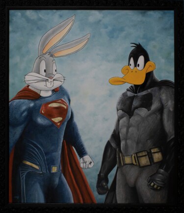 Картина под названием "Batduck v Superbunny" - Marco Santos, Подлинное произведение искусства, Масло Установлен на Деревянна…