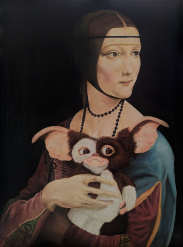 Painting titled "Lady with a Mogwai" by Marco Santos, Original Artwork, Oil Mounted on Wood Stretcher frame
