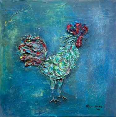 Malerei mit dem Titel "Gallo azul" von Marcos Sánchez, Original-Kunstwerk, Acryl