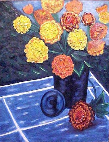 Painting titled "Flowers on Tile Tab…" by Paul Marco, Original Artwork, Acrylic