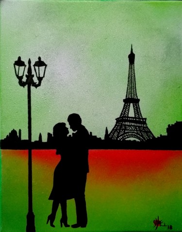 Картина под названием "Amoureux de Paris I…" - Marc Parmentier, Подлинное произведение искусства, Акрил Установлен на Деревя…