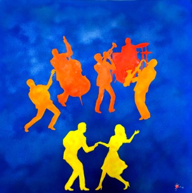 Painting titled "Jazz en bleu" by Marc Parmentier, Original Artwork, Spray paint Mounted on Wood Stretcher frame