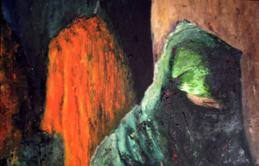 Painting titled "Voile vert" by Marc Parmentier, Original Artwork, Oil Mounted on Wood Panel