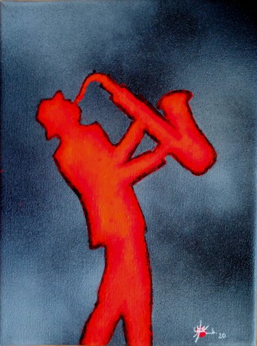 Painting titled "Saxo rouge" by Marc Parmentier, Original Artwork, Acrylic Mounted on Wood Stretcher frame