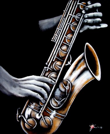Painting titled "Saxo doré" by Marc Parmentier, Original Artwork, Acrylic Mounted on Wood Stretcher frame