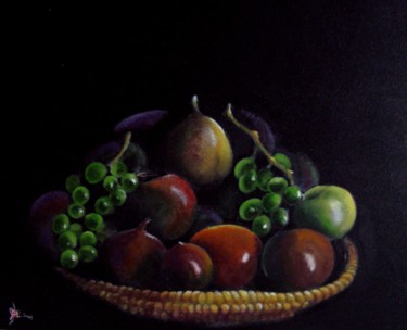 Painting titled "Panier de fruits" by Marc Parmentier, Original Artwork, Oil